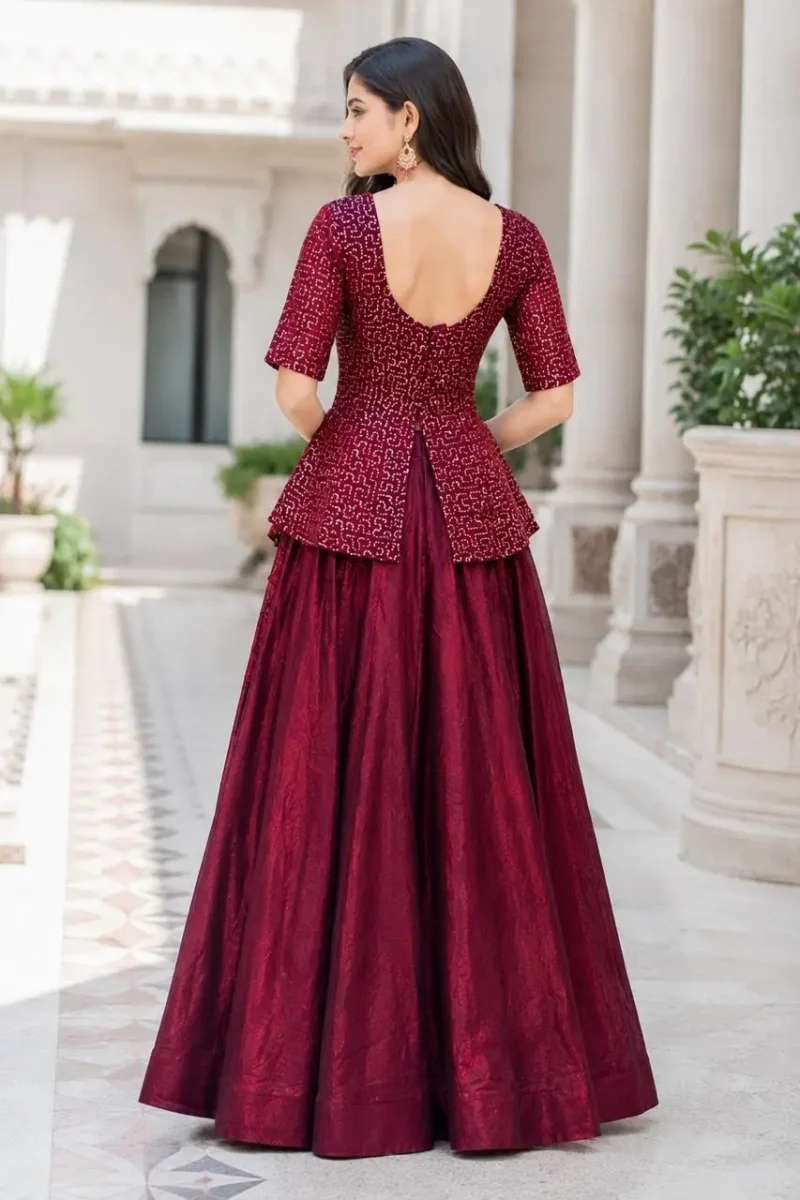 Maroon Colour Fendy Satin Bridesmaid Lehenga Choli with Sequins Embroidery back design