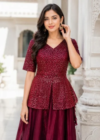 Maroon Colour Fendy Satin Bridesmaid Lehenga Choli with Sequins Embroidery close look