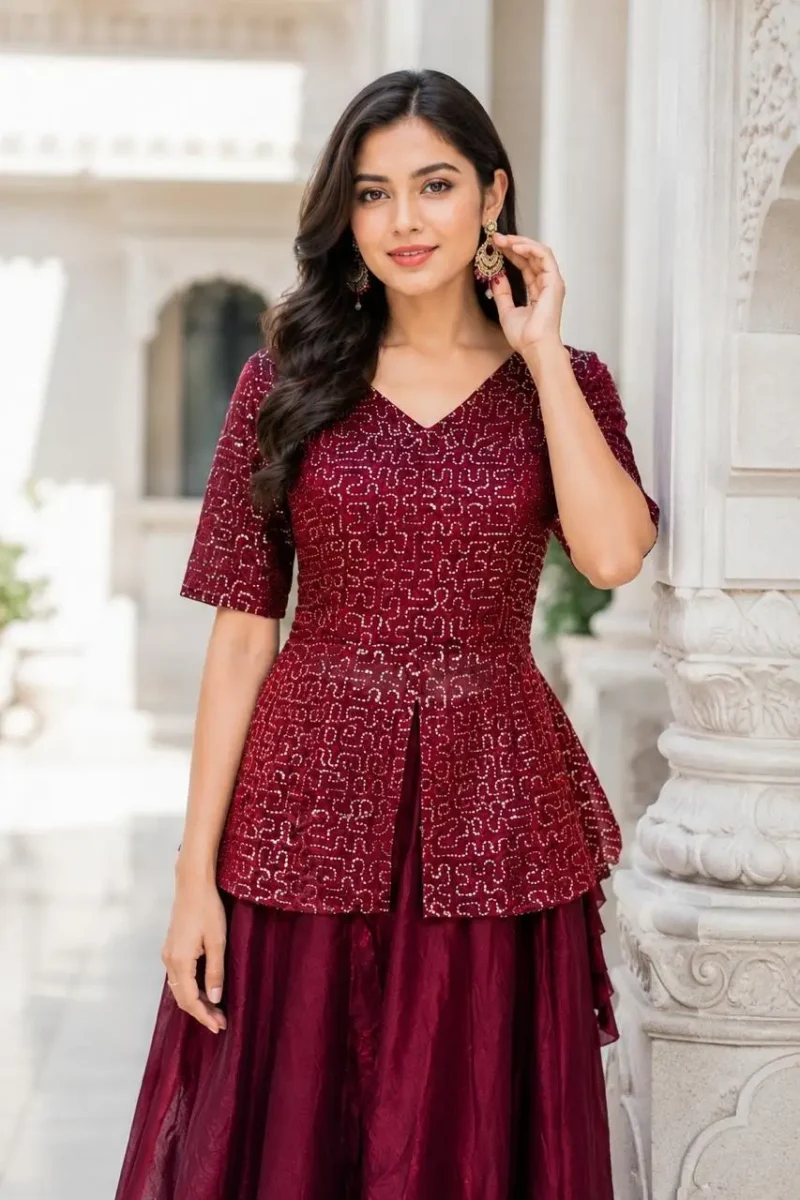 Maroon Colour Fendy Satin Bridesmaid Lehenga Choli with Sequins Embroidery close look