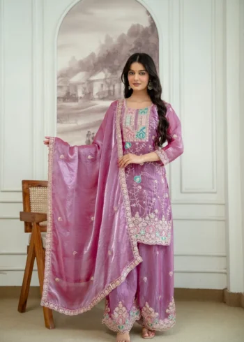 Baby Pink Fendy Silk Top Palazzo Set with Embroidered Dupatta front look