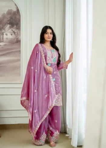 Baby Pink Fendy Silk Top Palazzo Set with Embroidered Dupatta side look