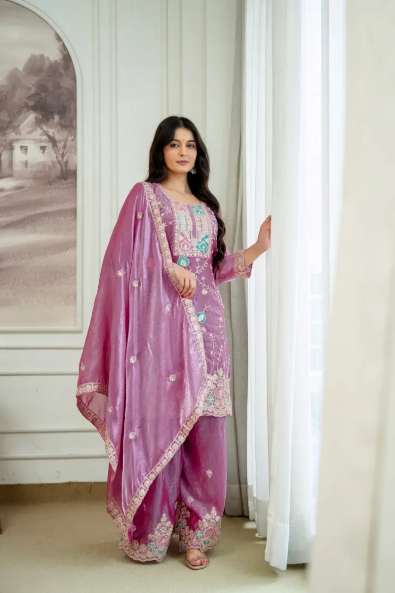 Baby Pink Fendy Silk Top Palazzo Set with Embroidered Dupatta side look