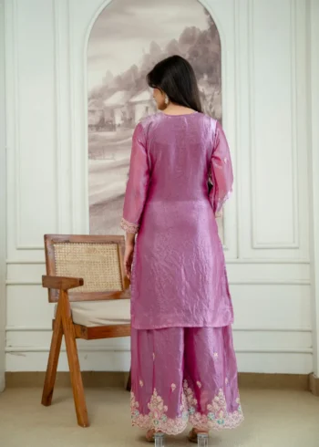 Baby Pink Fendy Silk Top Palazzo Set with Embroidered Dupatta back