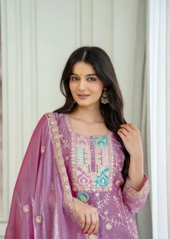 Baby Pink Fendy Silk Top Palazzo Set with Embroidered Dupatta close