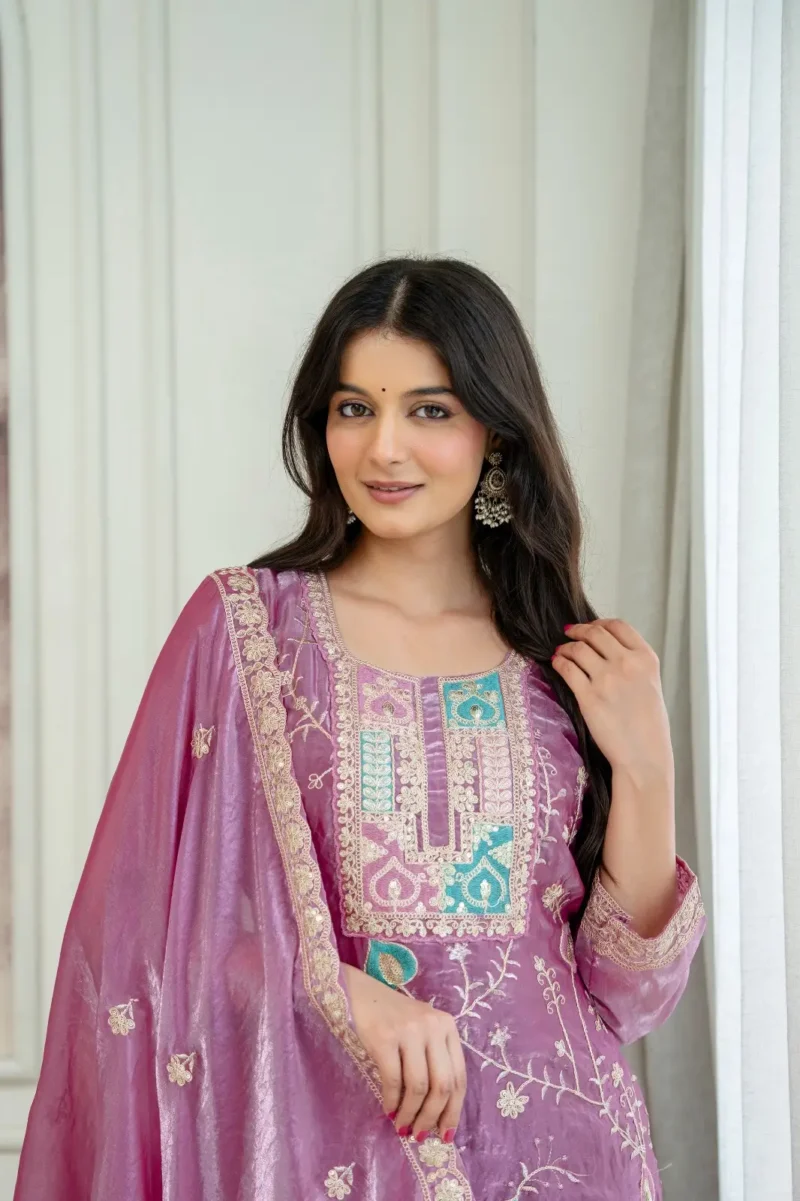 Baby Pink Fendy Silk Top Palazzo Set with Embroidered Dupatta close