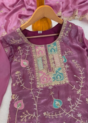 Baby Pink Fendy Silk Top Palazzo Set with Embroidered Dupatta neck close look