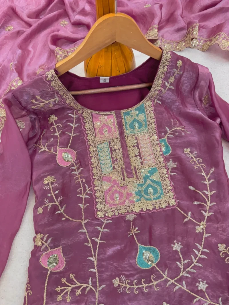 Baby Pink Fendy Silk Top Palazzo Set with Embroidered Dupatta neck close look