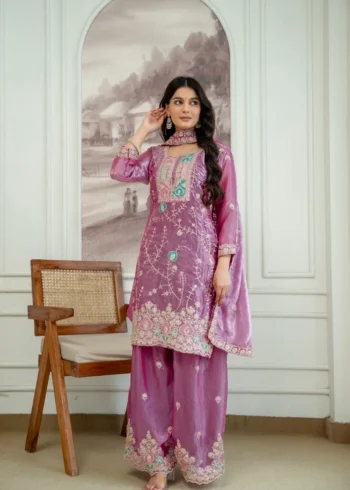 Baby Pink Fendy Silk Top Palazzo Set with Embroidered Dupatta front look