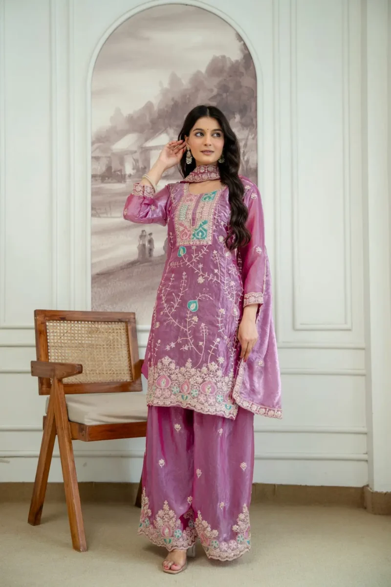 Baby Pink Fendy Silk Top Palazzo Set with Embroidered Dupatta front look