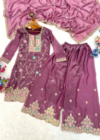 Baby Pink Fendy Silk Top Palazzo Set with Embroidered Dupatta live image