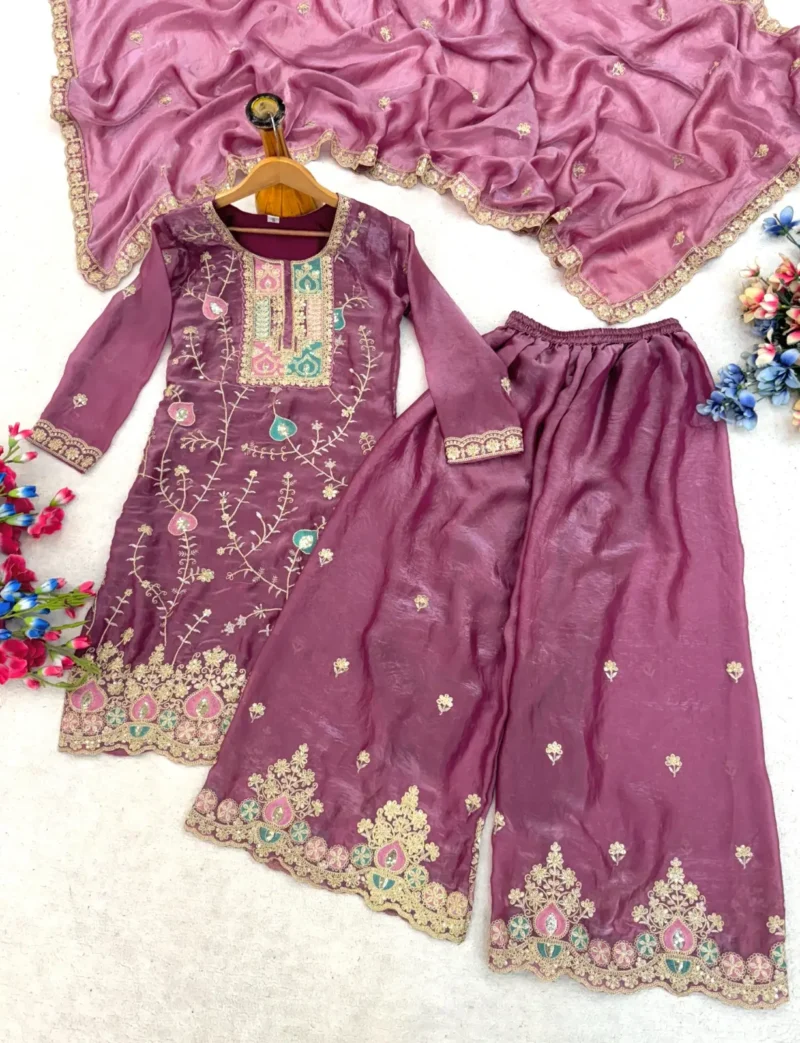 Baby Pink Fendy Silk Top Palazzo Set with Embroidered Dupatta live image