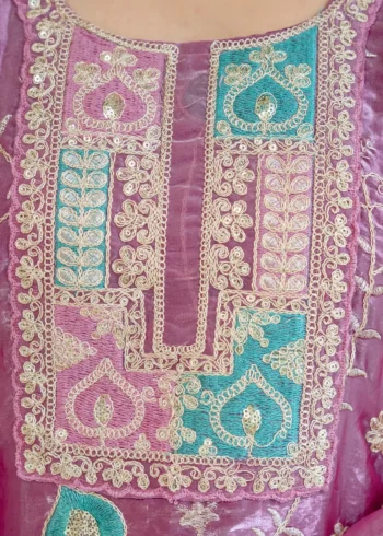 Baby Pink Fendy Silk Top Palazzo Set with Embroidered Dupatta neck work design