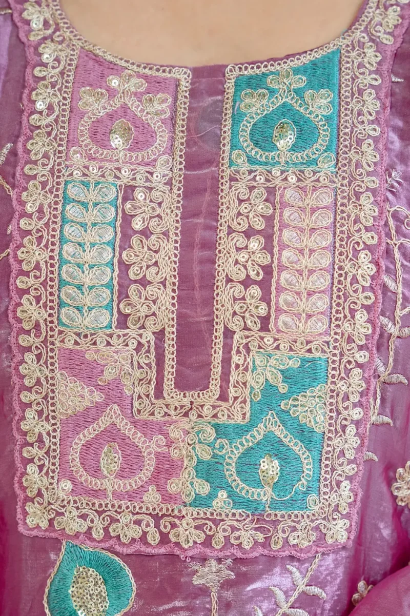 Baby Pink Fendy Silk Top Palazzo Set with Embroidered Dupatta neck work design