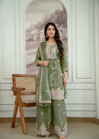 Olive Green Colour Fendy Silk Top Palazzo Set with Embroidered Dupatta front look