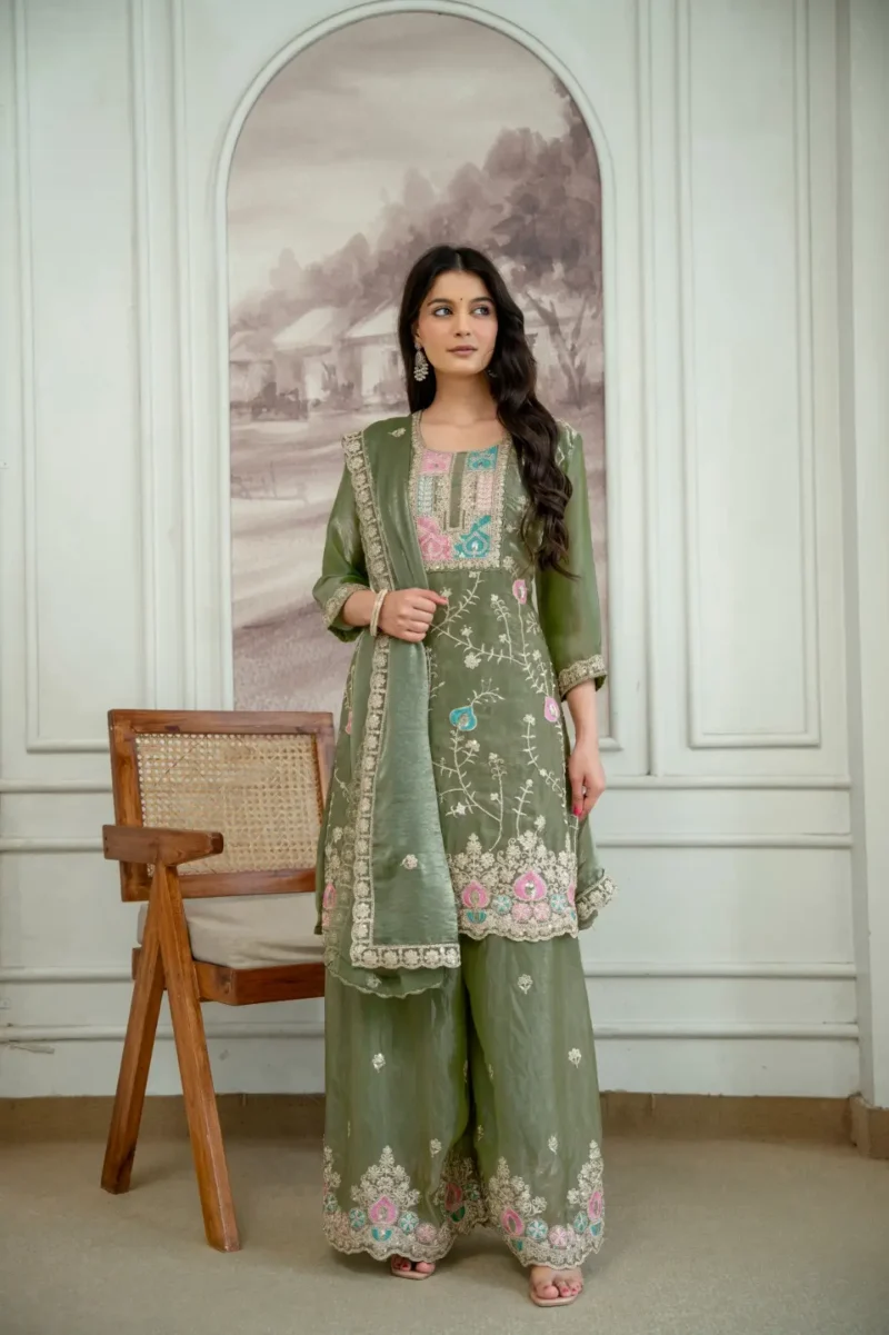 Olive Green Colour Fendy Silk Top Palazzo Set with Embroidered Dupatta front look