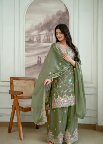 Olive Green Colour Fendy Silk Top Palazzo Set with Embroidered Dupatta look