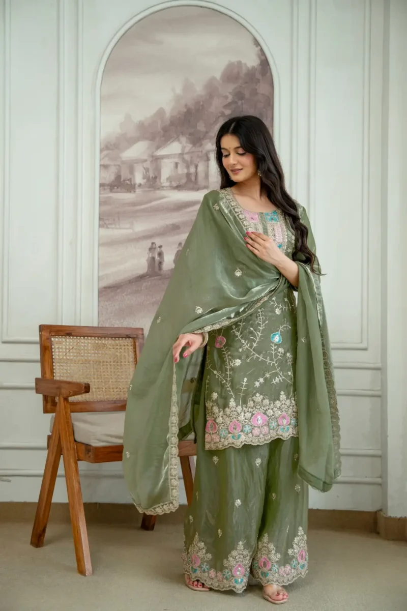 Olive Green Colour Fendy Silk Top Palazzo Set with Embroidered Dupatta look