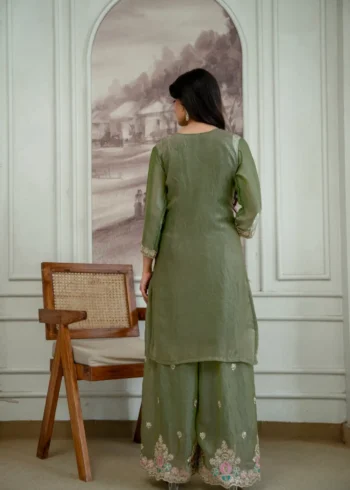 Olive Green Colour Fendy Silk Top Palazzo Set with Embroidered Dupatta back design