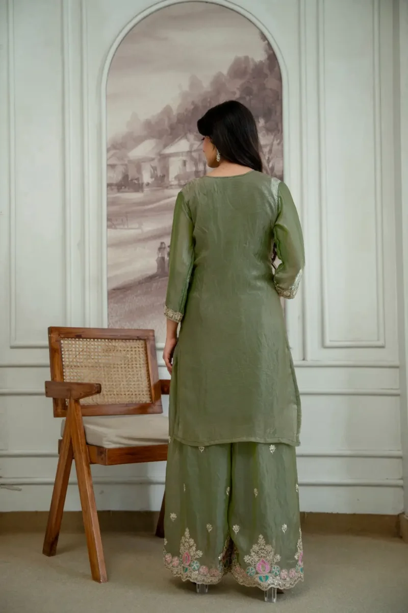 Olive Green Colour Fendy Silk Top Palazzo Set with Embroidered Dupatta back design