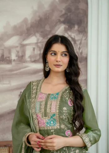 Olive Green Colour Fendy Silk Top Palazzo Set with Embroidered Dupatta close look