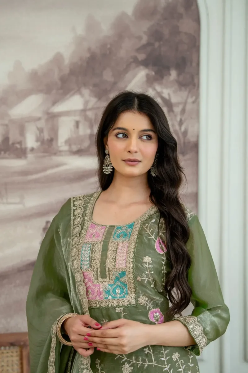 Olive Green Colour Fendy Silk Top Palazzo Set with Embroidered Dupatta close look