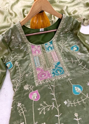 Olive Green Colour Fendy Silk Top Palazzo Set with Embroidered Dupatta neck design