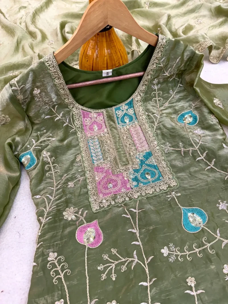 Olive Green Colour Fendy Silk Top Palazzo Set with Embroidered Dupatta neck design