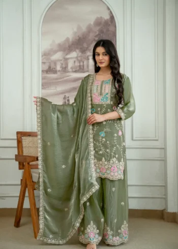 Olive Green Colour Fendy Silk Top Palazzo Set with Embroidered Dupatta dupatta look