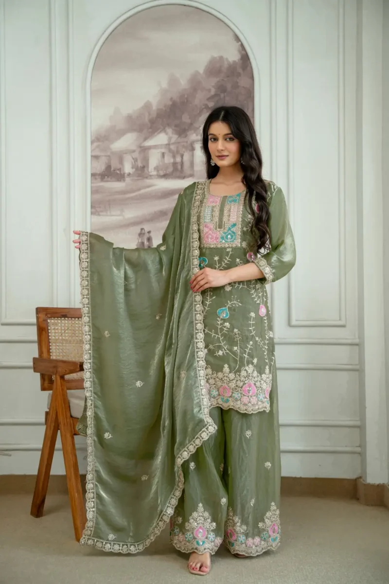 Olive Green Colour Fendy Silk Top Palazzo Set with Embroidered Dupatta dupatta look