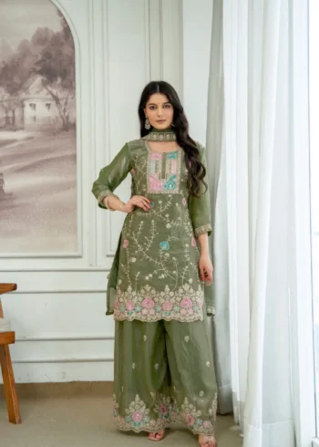 Olive Green Colour Fendy Silk Top Palazzo Set with Embroidered Dupatta front look