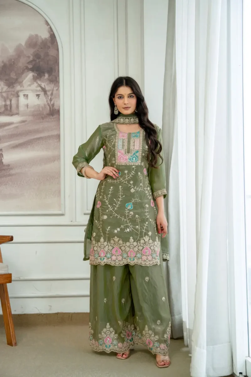 Olive Green Colour Fendy Silk Top Palazzo Set with Embroidered Dupatta front look