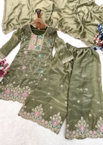 Olive Green Colour Fendy Silk Top Palazzo Set with Embroidered Dupatta live image
