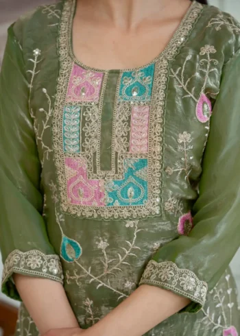 Olive Green Colour Fendy Silk Top Palazzo Set with Embroidered Dupatta close neck work