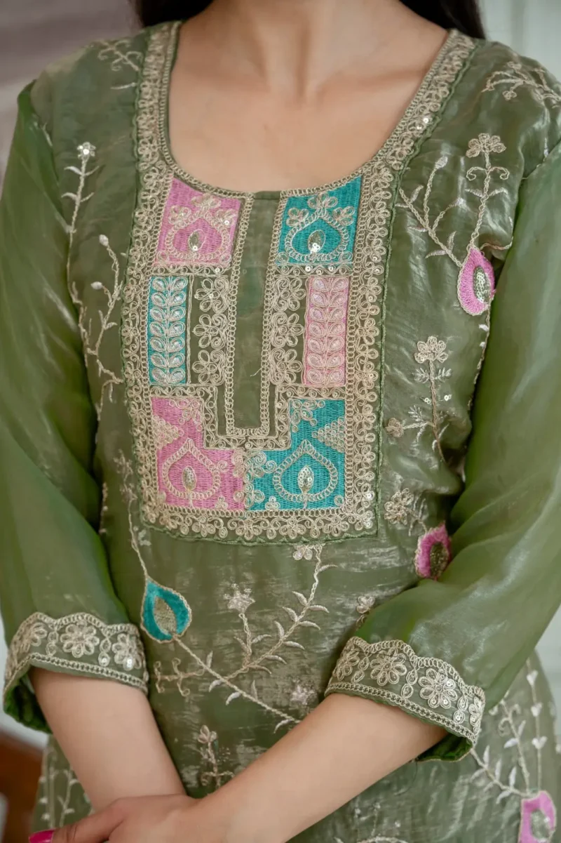 Olive Green Colour Fendy Silk Top Palazzo Set with Embroidered Dupatta close neck work