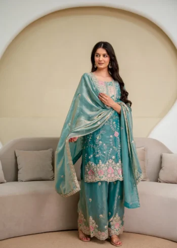 Rama Colour Fendy Silk Top Palazzo Set with Embroidered Dupatta front look