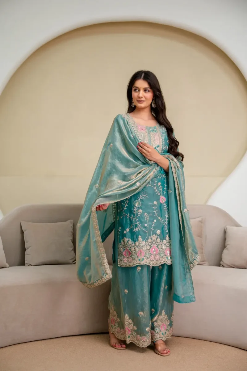 Rama Colour Fendy Silk Top Palazzo Set with Embroidered Dupatta front look