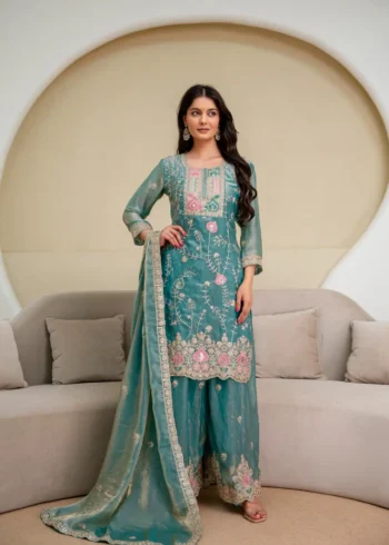 Rama Colour Fendy Silk Top Palazzo Set with Embroidered Dupatta full look