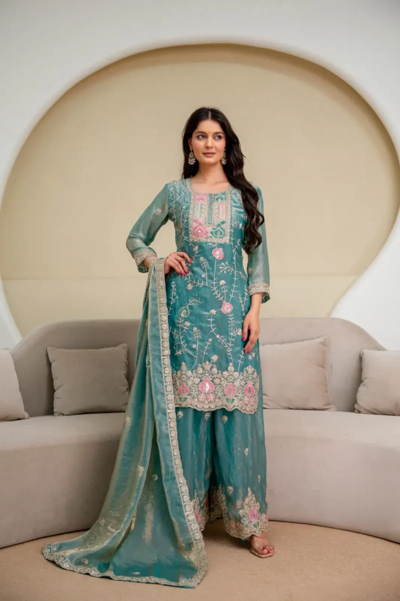Rama Colour Fendy Silk Top Palazzo Set with Embroidered Dupatta full look