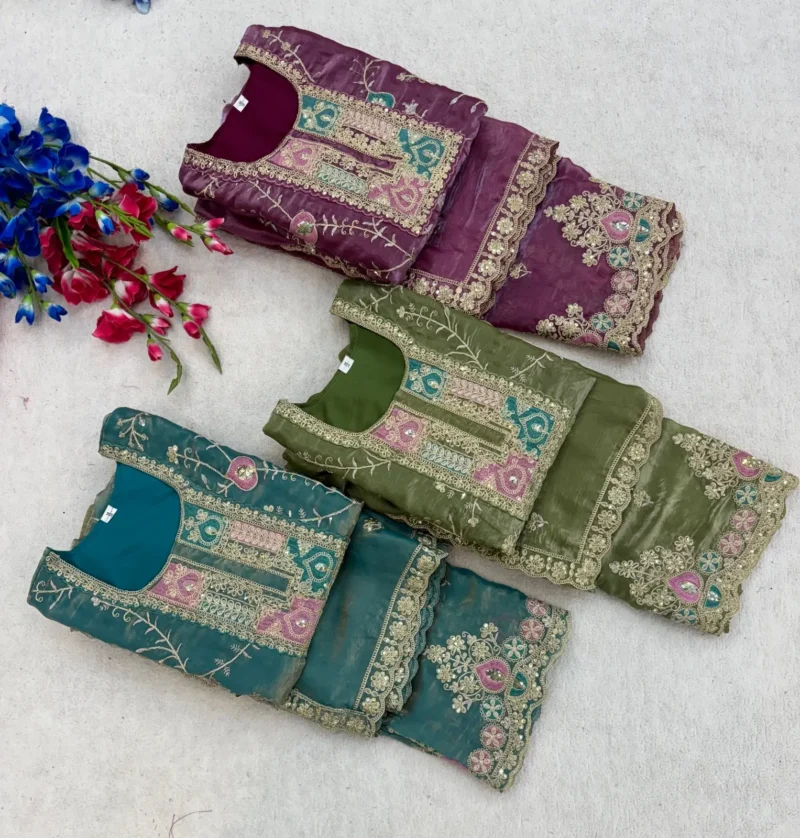 Rama Colour Fendy Silk Top Palazzo Set with Embroidered Dupatta all colours live