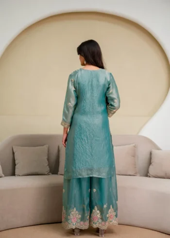Rama Colour Fendy Silk Top Palazzo Set with Embroidered Dupatta back design