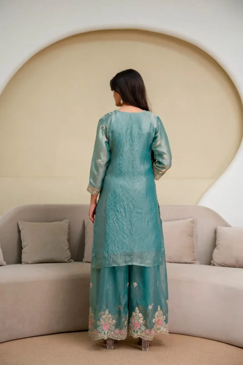 Rama Colour Fendy Silk Top Palazzo Set with Embroidered Dupatta back design