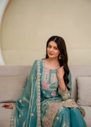 Rama Colour Fendy Silk Top Palazzo Set with Embroidered Dupatta close look