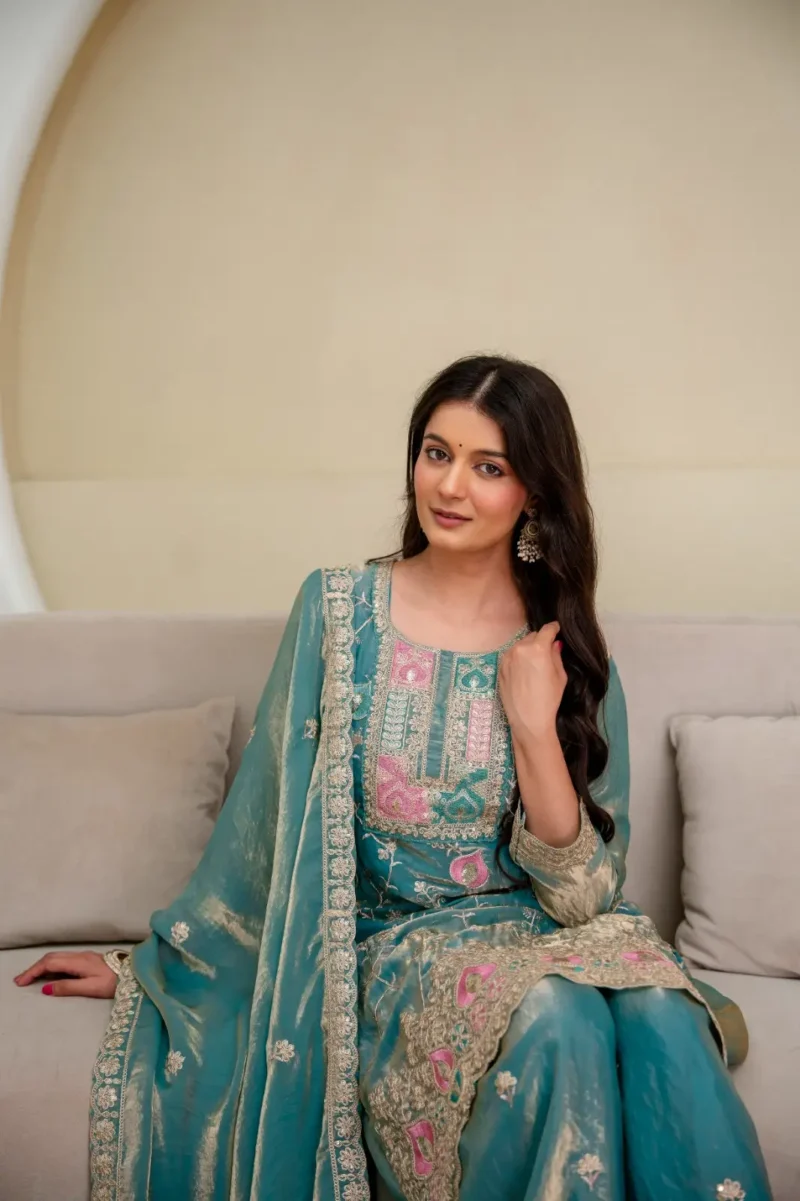 Rama Colour Fendy Silk Top Palazzo Set with Embroidered Dupatta close look