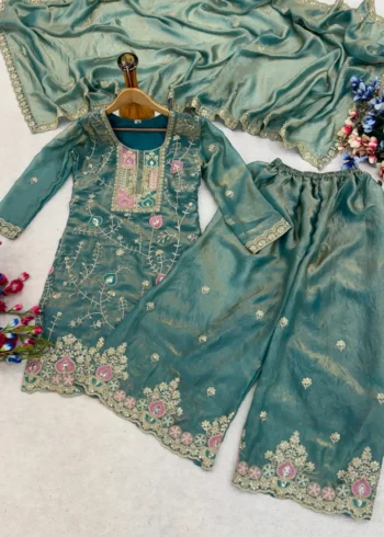 Rama Colour Fendy Silk Top Palazzo Set with Embroidered Dupatta live image