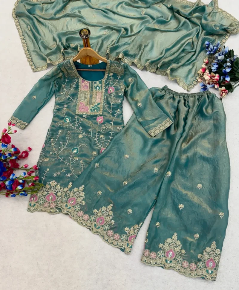 Rama Colour Fendy Silk Top Palazzo Set with Embroidered Dupatta live image