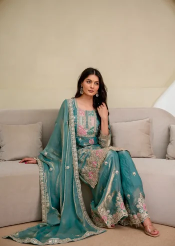 Rama Colour Fendy Silk Top Palazzo Set with Embroidered Dupatta sitting
