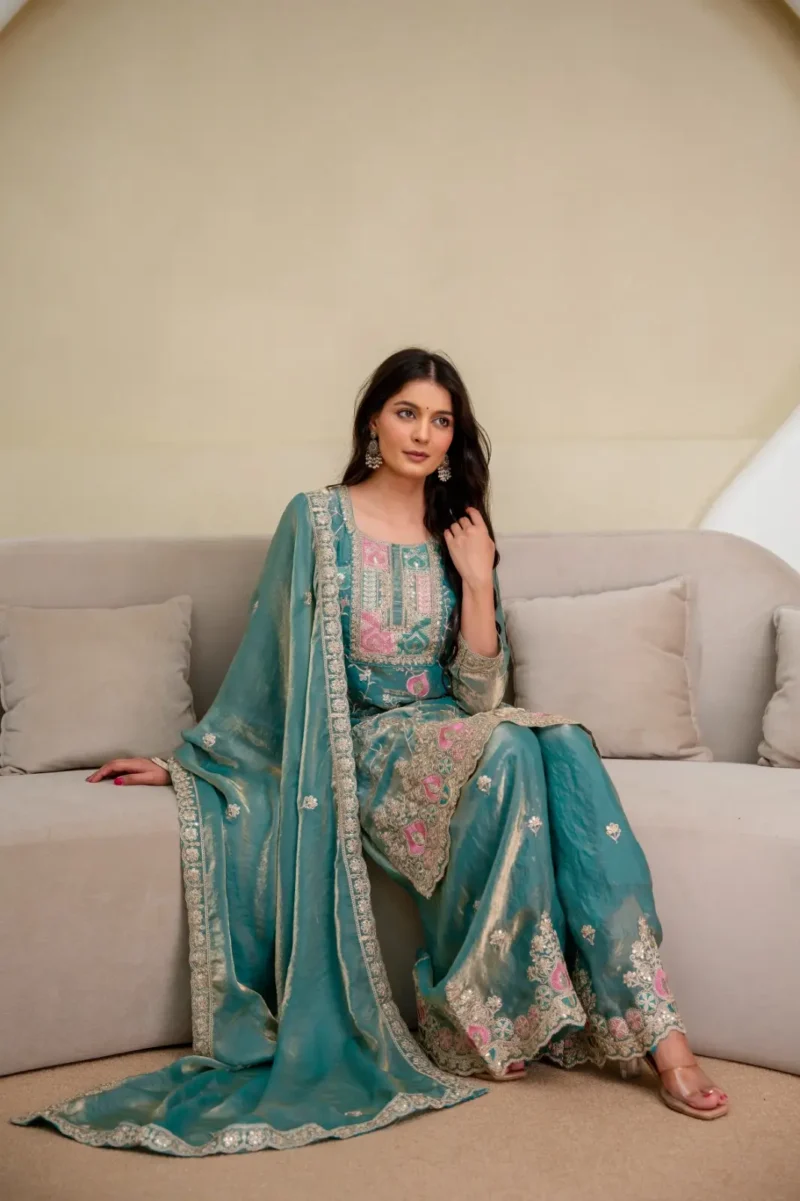 Rama Colour Fendy Silk Top Palazzo Set with Embroidered Dupatta sitting