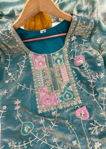 Rama Colour Fendy Silk Top Palazzo Set with Embroidered Dupatta neck design