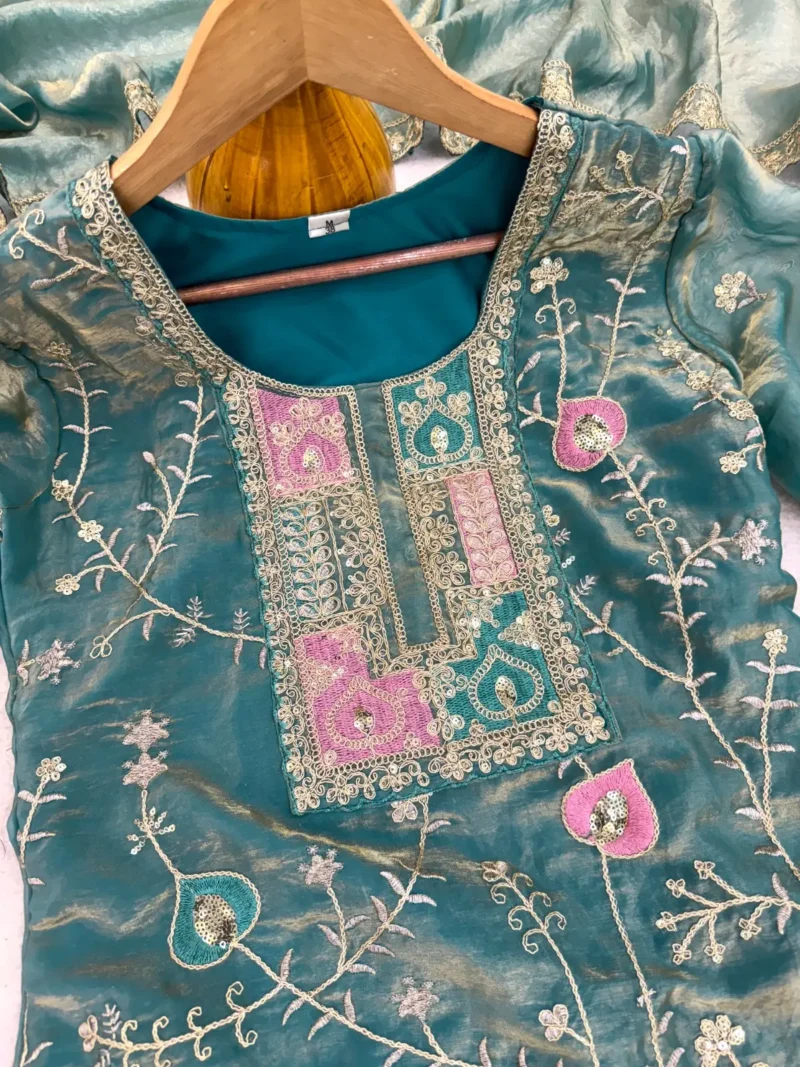 Rama Colour Fendy Silk Top Palazzo Set with Embroidered Dupatta neck design
