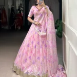 Baby Pink Floral Tabby Silk Navratri Lehenga with Mirror Work front side